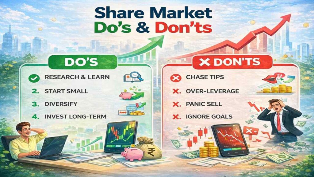 Share Market Guide infographic showing stock market investing dos and donts for beginners