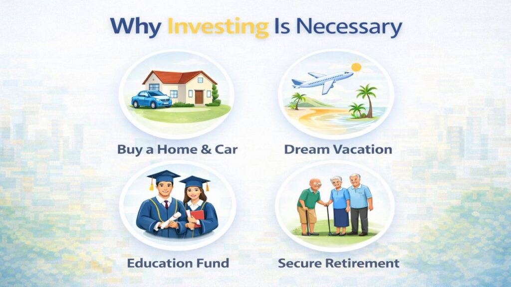 Best Investment Options in India infographic explaining why investing is necessary for buying a home and car, dream vacation, education fund and secure retirement.