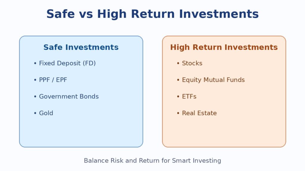 Best Investment Options in India comparison showing safe investments like FD, PPF, government bonds, gold and high return investments like stocks, mutual funds, ETFs and real estate.