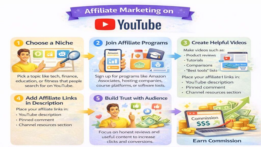 Step by step affiliate marketing process to Make Money on YouTube with commission earnings