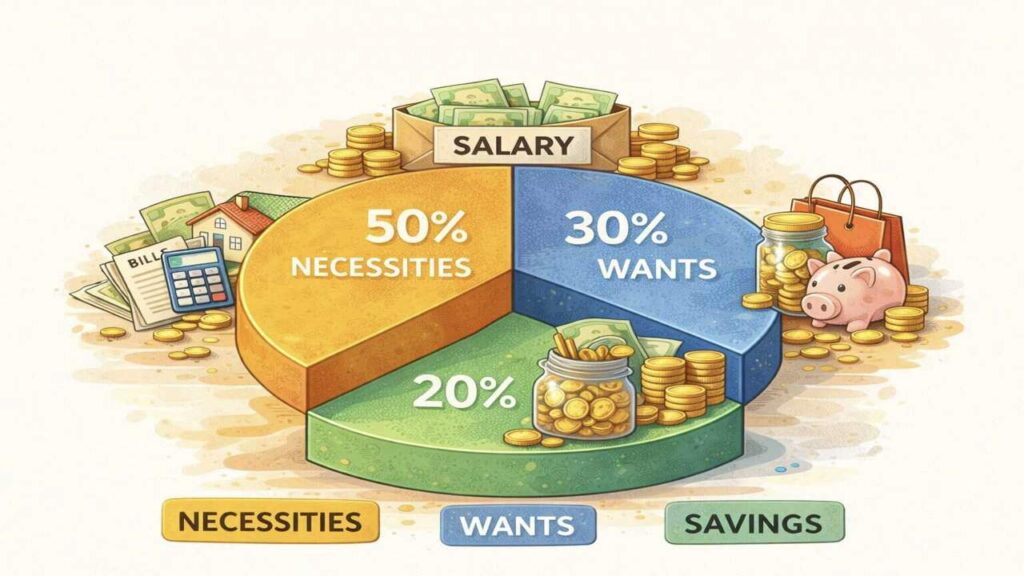 50 30 20 budgeting rule to Save Money Every Month with needs wants and savings plan