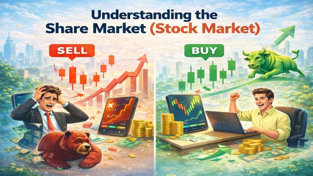 Share Market Guide explaining stock market buy vs sell concept with bull and bear market illustration