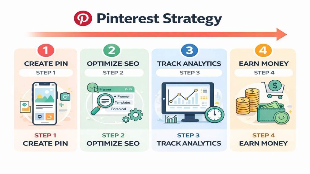 Make Money on Pinterest - Overview graphic showing Pinterest monetization concept