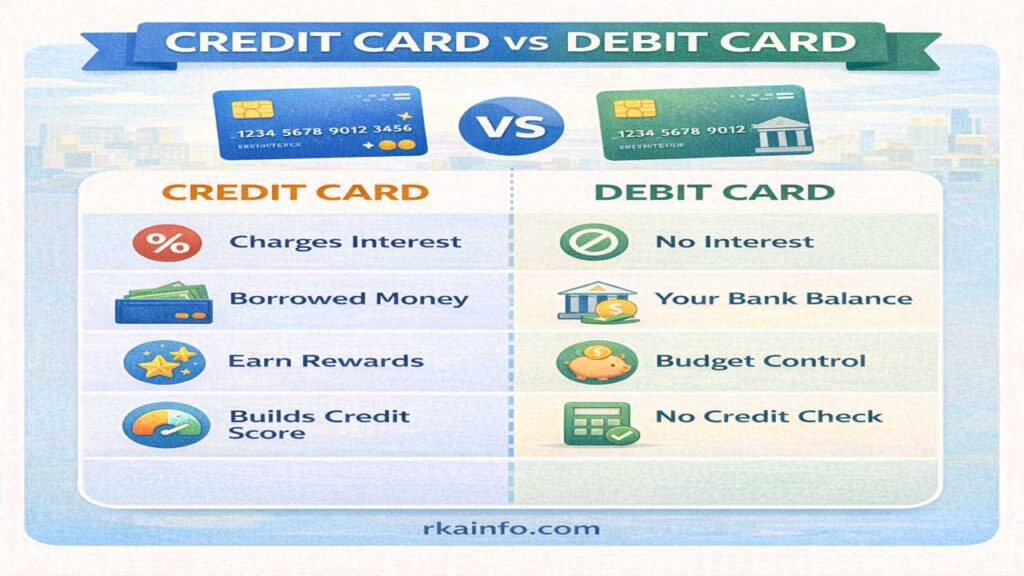 Credit Card vs Debit Card - Visual comparison showing key differences between both payment methods