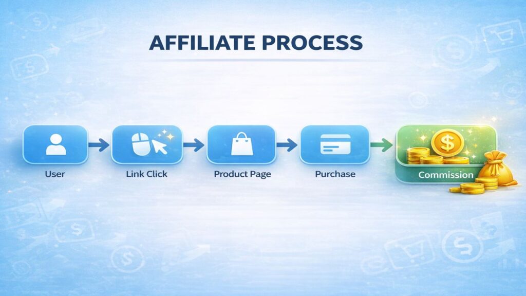Affiliate marketing process to make money online: User clicks link, visits product page, completes purchase, earns commission