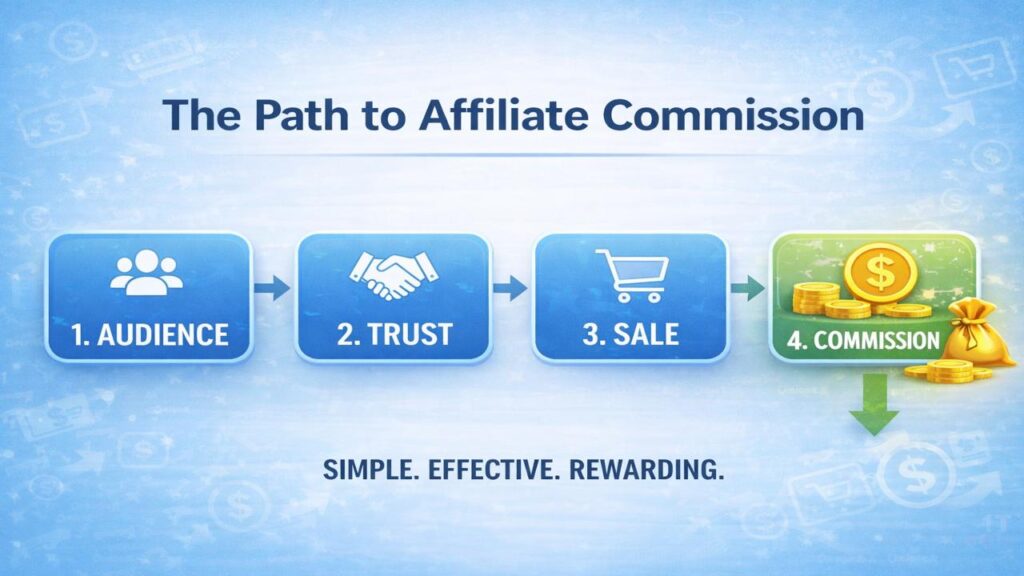 Diagram showing the path to affiliate commission: Audience → Trust → Sale → Commission in affiliate marketing process