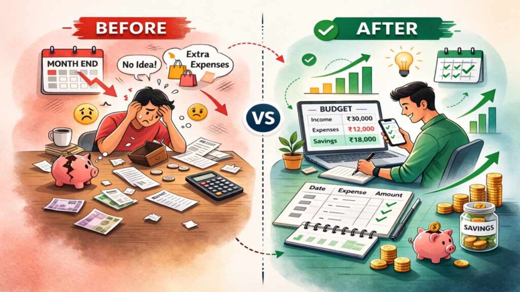 Manage Daily Expenses - Visual comparison showing before and after implementing expense tracking habits
