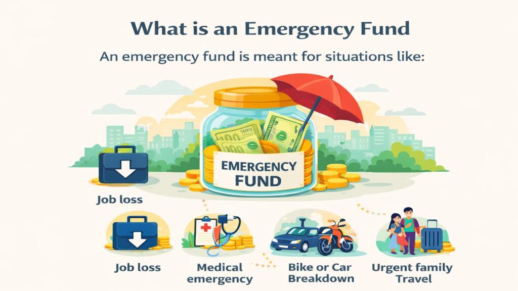 Infographic explaining how to build an emergency fund for job loss, medical emergency, vehicle breakdown, and urgent family travel