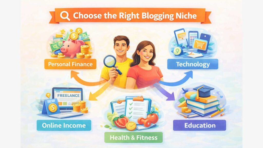 Infographic showing how to start a blog and make money by choosing the right blogging niche like personal finance, technology, online income, education, and health.