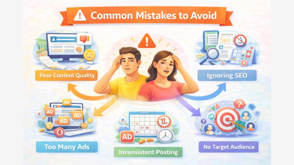 Infographic explaining common blogging mistakes to avoid when learning how to start a blog and make money, including poor content quality, ignoring SEO, and too many ads.
