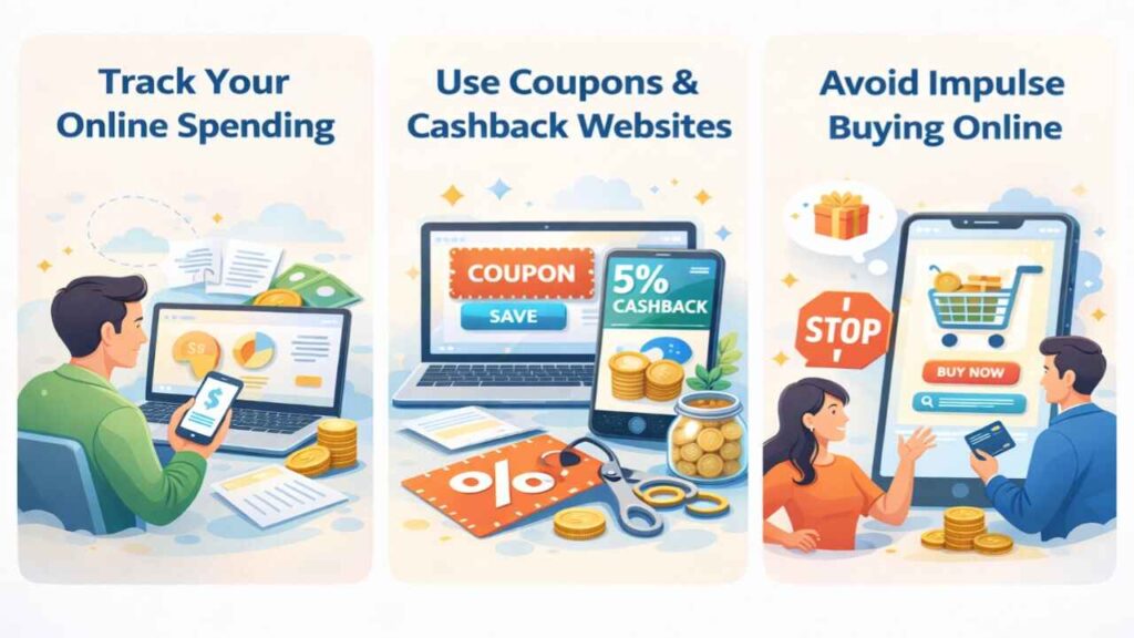 How to save money online including tracking spending coupons and avoiding impulse buying