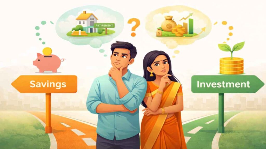 Saving vs investing money illustration showing difference between savings and investment decisions