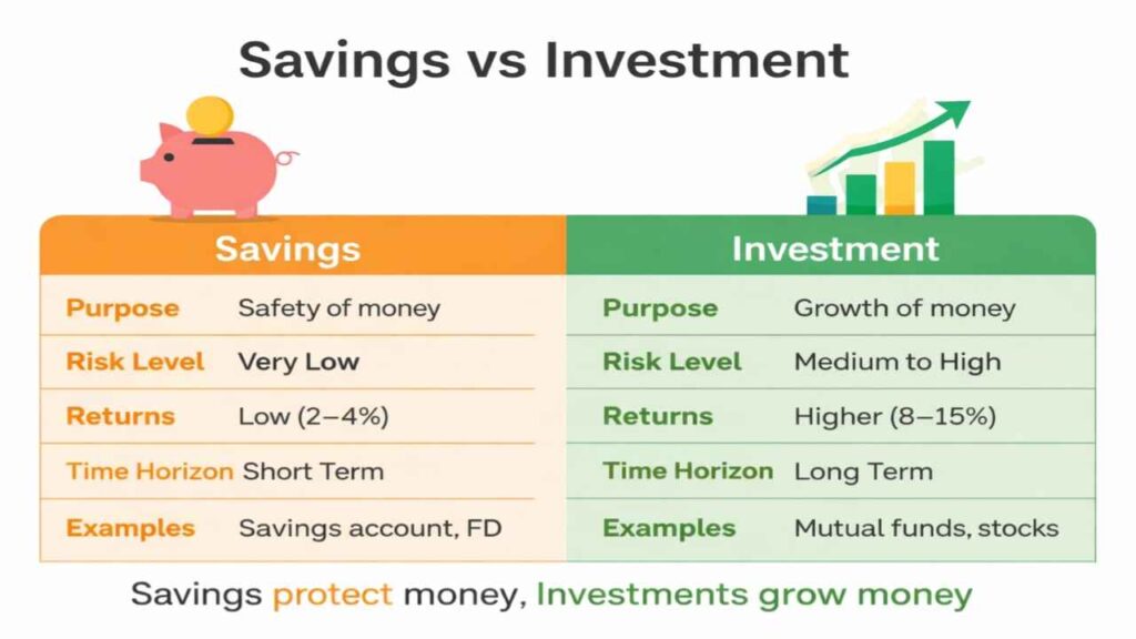Difference between saving and investing comparison chart showing risk returns and time horizon