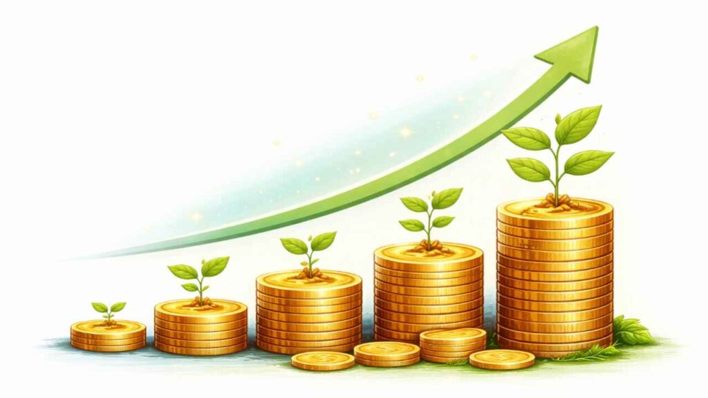 Investment growth compounding chart with coins growing into plant showing wealth growth