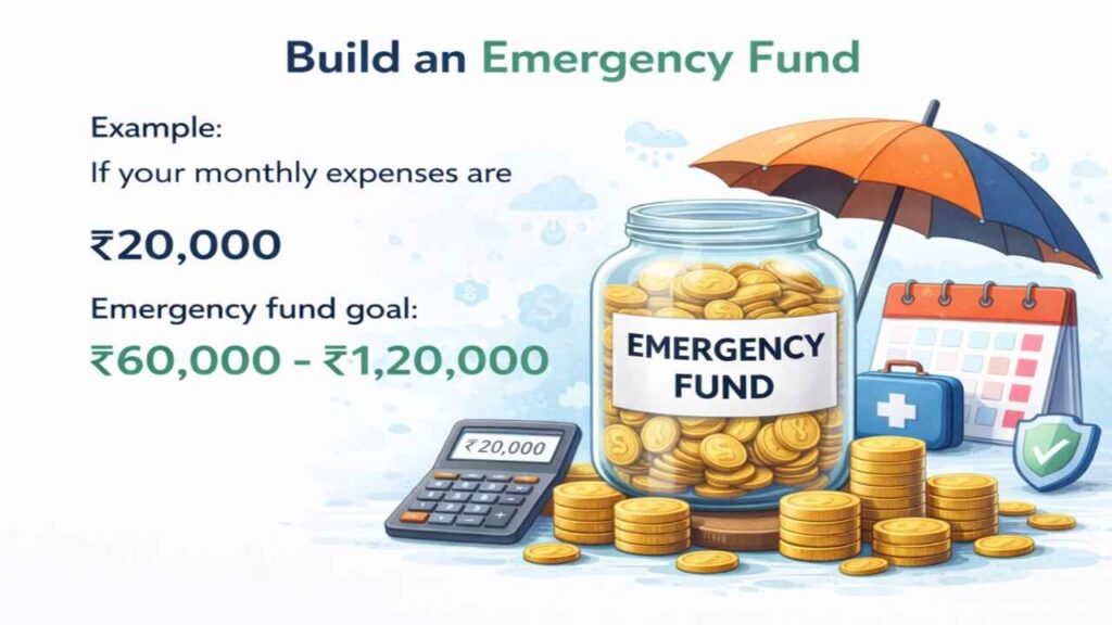 How to Save Money from Salary: build emergency fund from salary example ₹20000 monthly expenses emergency fund goal ₹60000 to ₹120000